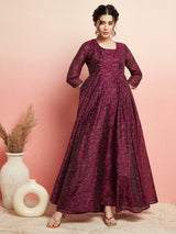 Purple Chanderi Gold Printed Flared Maxi - Elganza