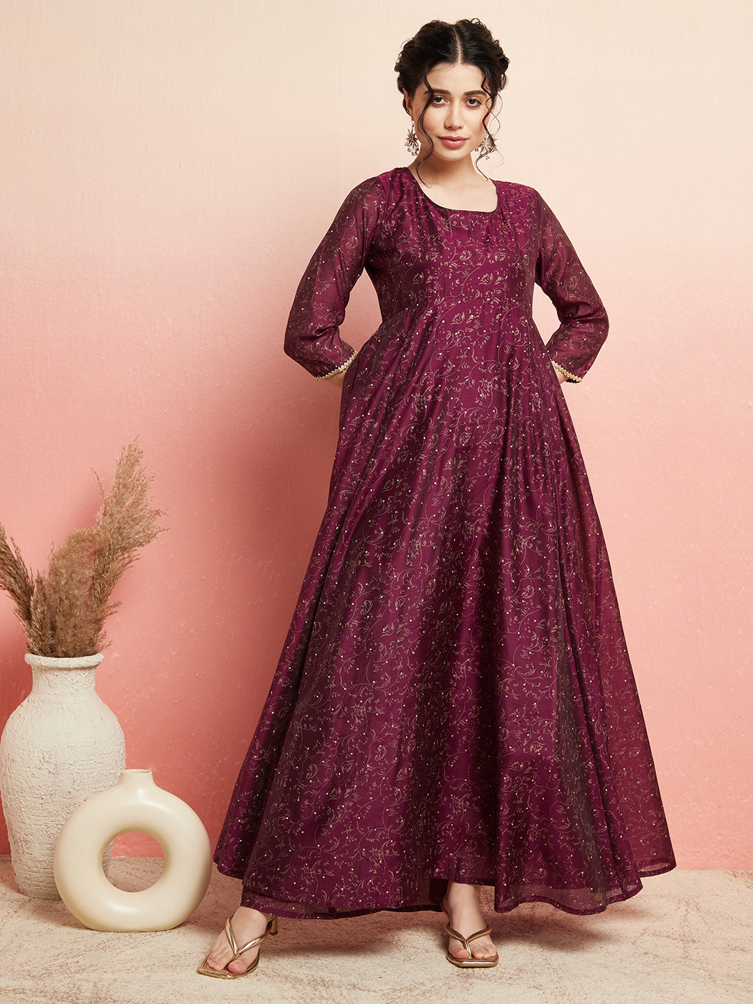 Purple Chanderi Gold Printed Flared Maxi - Elganza