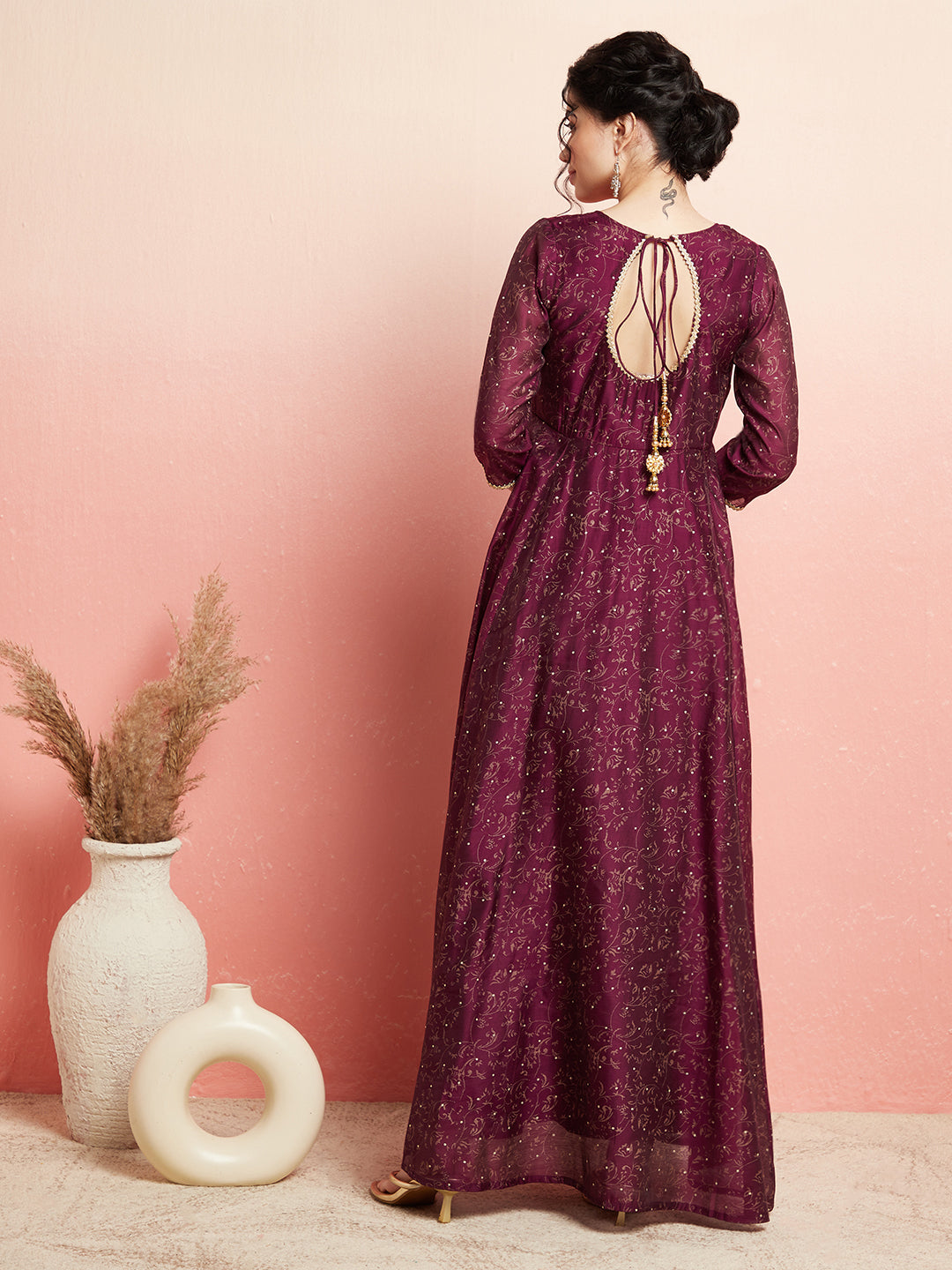 Purple Chanderi Gold Printed Flared Maxi - Elganza