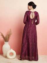 Purple Chanderi Gold Printed Flared Maxi - Elganza