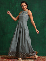 Grey & Blue Printed Maxi Dress - Elganza