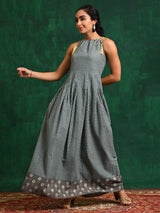 Grey & Blue Printed Maxi Dress - Elganza