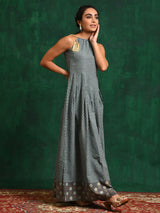 Grey & Blue Printed Maxi Dress - Elganza