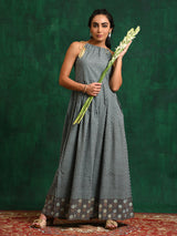 Grey & Blue Printed Maxi Dress - Elganza