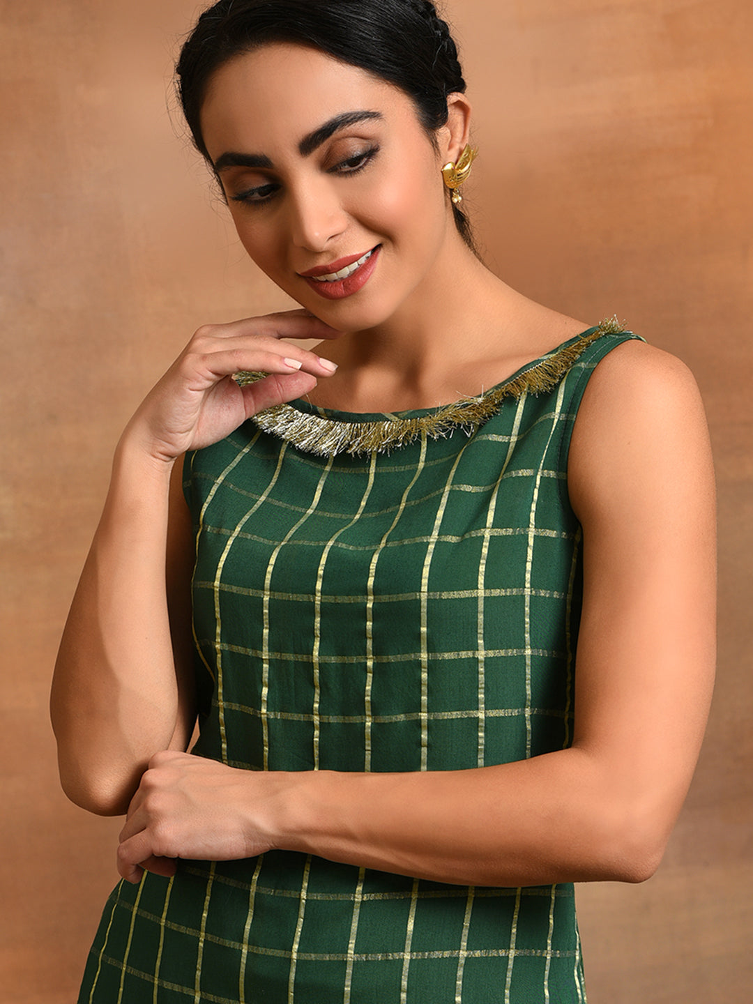 Green Woven Design Checked Kurta - Elganza