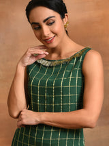 Green Woven Design Checked Kurta - Elganza