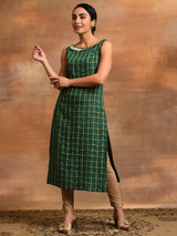 Green Woven Design Checked Kurta - Elganza