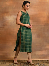 Green Woven Design Checked Kurta - Elganza