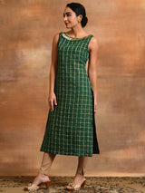 Green Woven Design Checked Kurta - Elganza