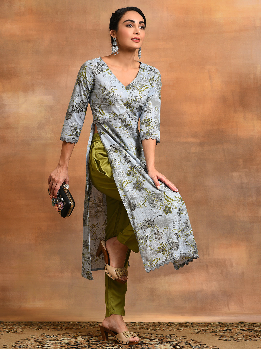 Grey Floral Print Lurex Design Kurta - Elganza