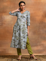 Grey Floral Print Lurex Design Kurta - Elganza
