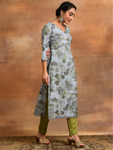 Grey Floral Print Lurex Design Kurta - Elganza