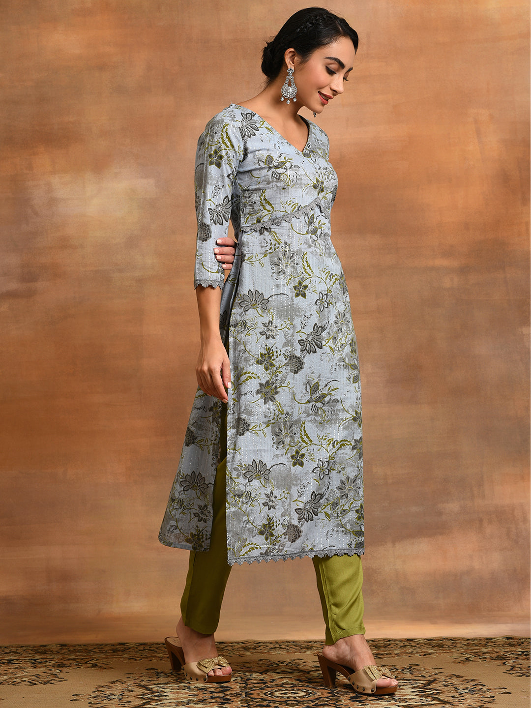 Grey Floral Print Lurex Design Kurta - Elganza