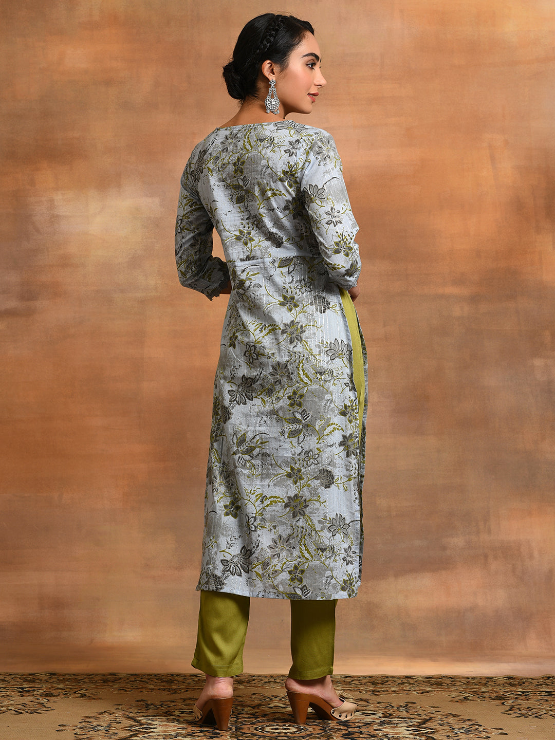 Grey Floral Print Lurex Design Kurta - Elganza