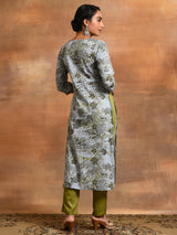 Grey Floral Print Lurex Design Kurta - Elganza