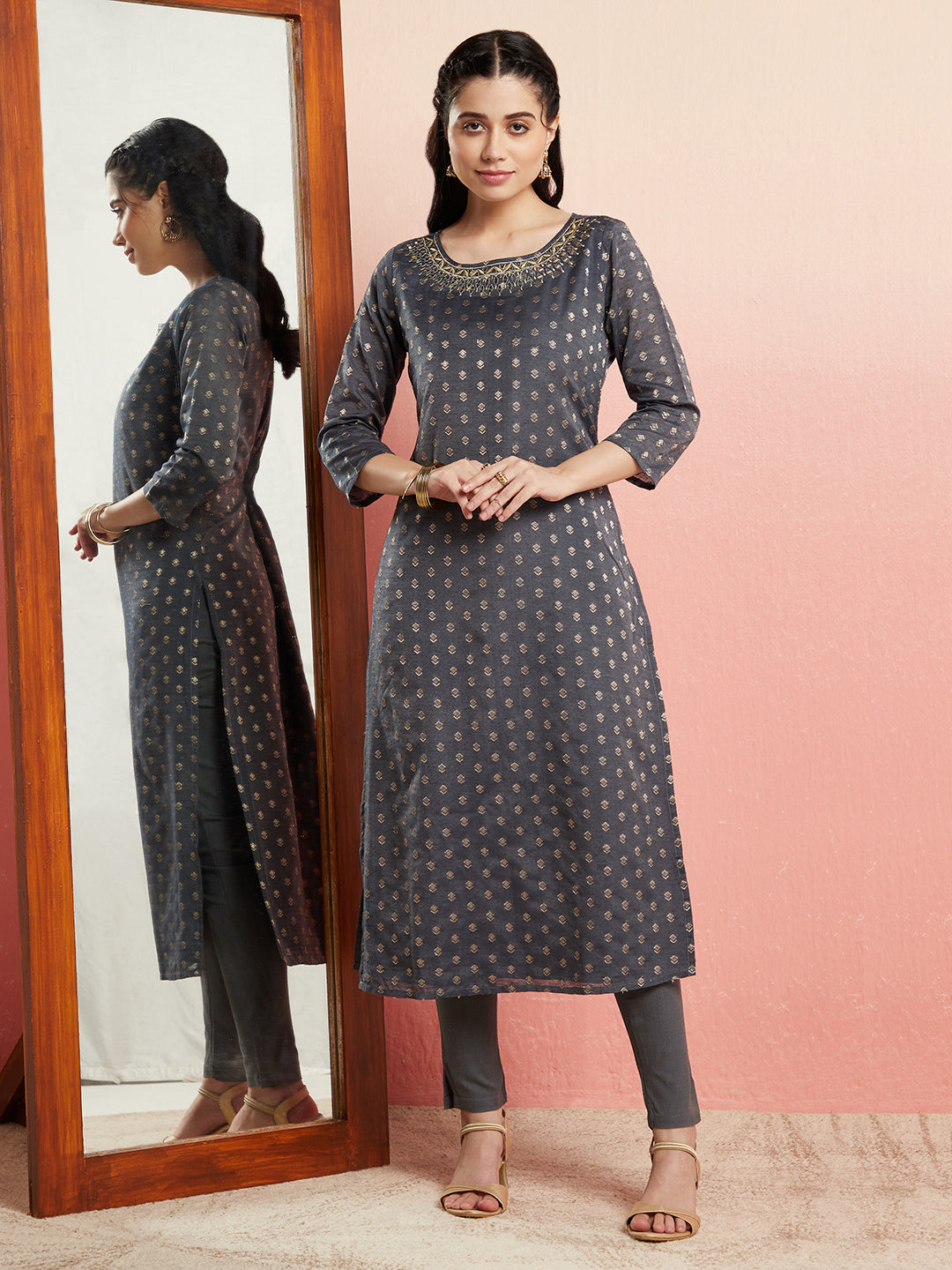 Grey Embellished Straight Kurta - Elganza