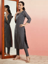 Grey Embellished Straight Kurta - Elganza