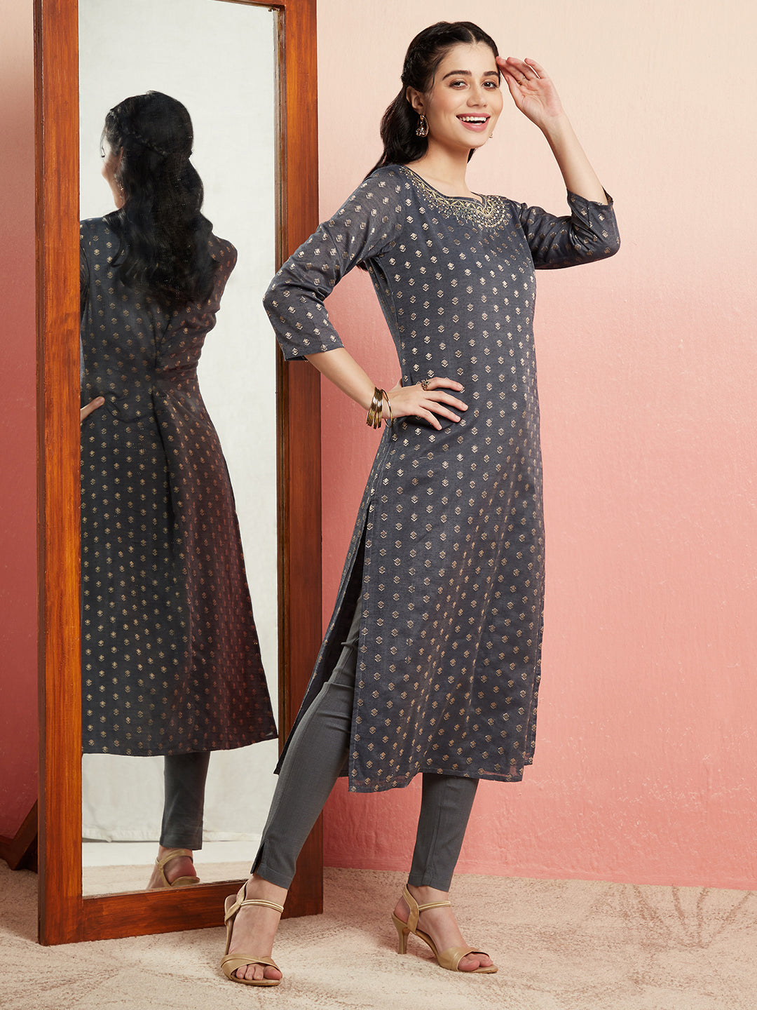 Grey Embellished Straight Kurta - Elganza