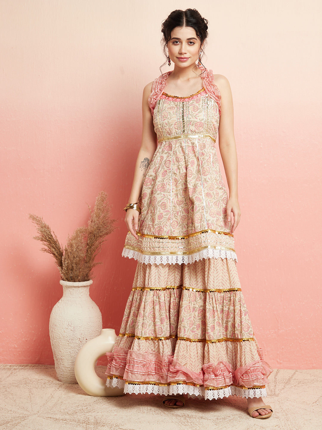 Cream & Peach Floral Print Kurta Sharara With Dupatta - Elganza