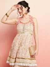 Cream & Peach Floral Print Kurta Sharara With Dupatta - Elganza