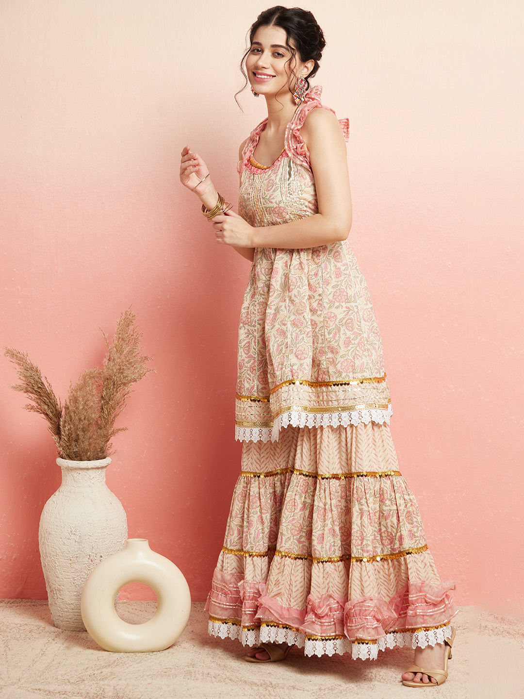 Cream & Peach Floral Print Kurta Sharara With Dupatta - Elganza