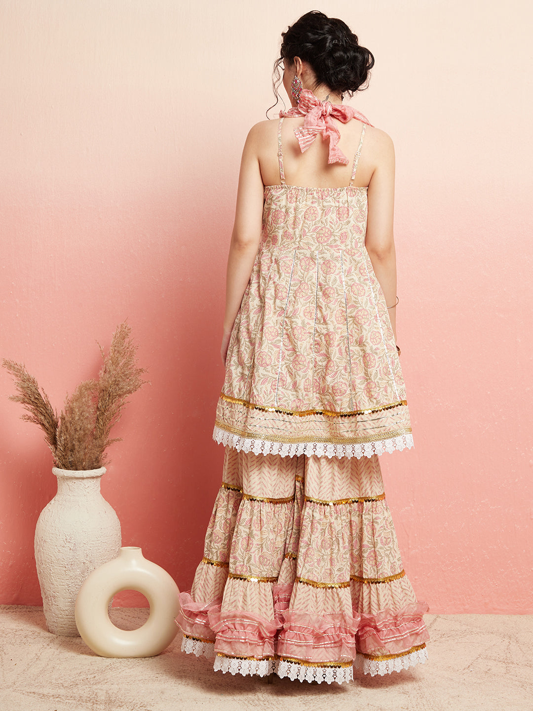 Cream & Peach Floral Print Kurta Sharara With Dupatta - Elganza