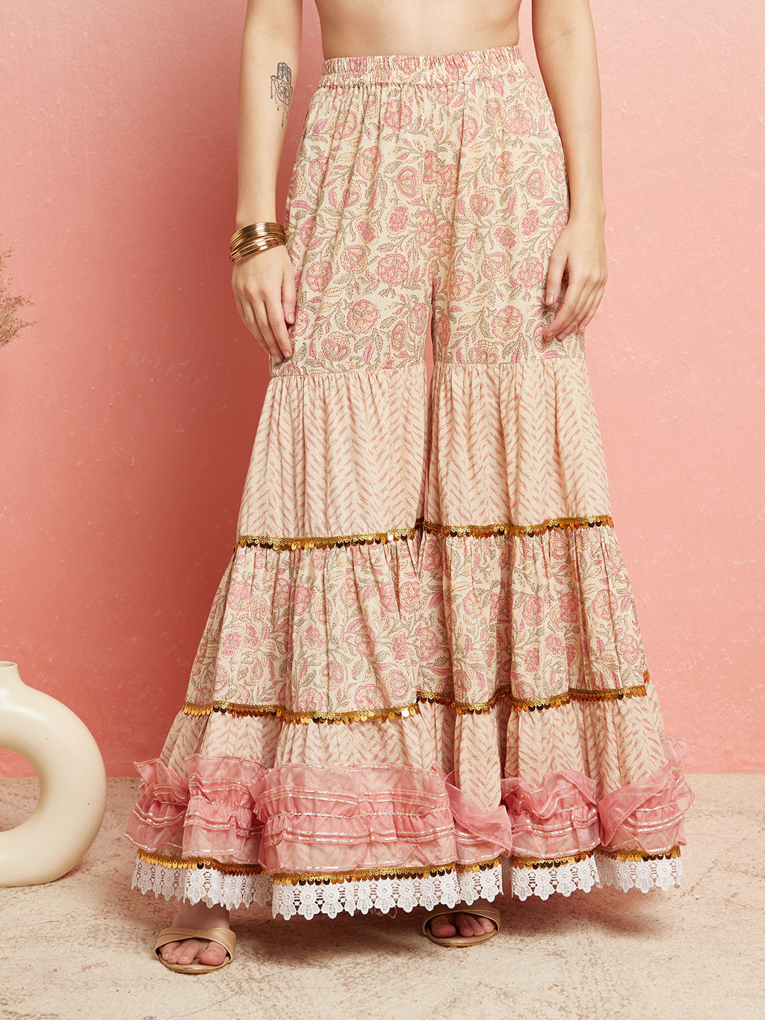 Cream & Peach Floral Print Kurta Sharara With Dupatta - Elganza
