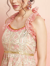 Cream & Peach Floral Print Kurta Sharara With Dupatta - Elganza
