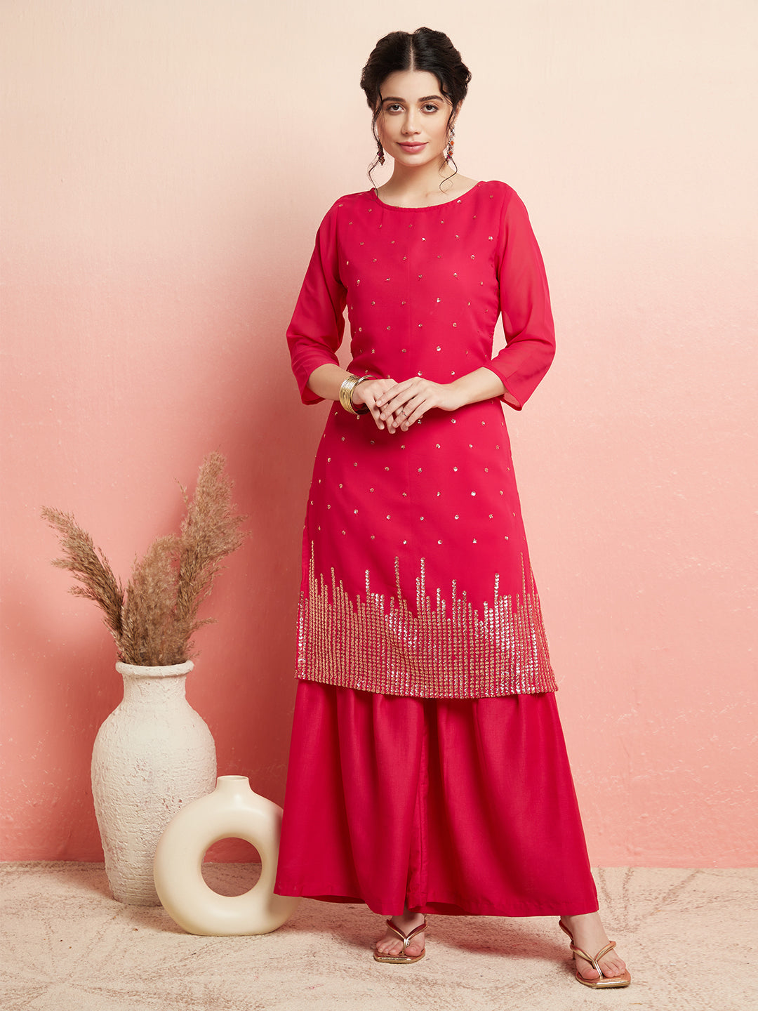 Pink Sequin Kurta With Sharara - Elganza