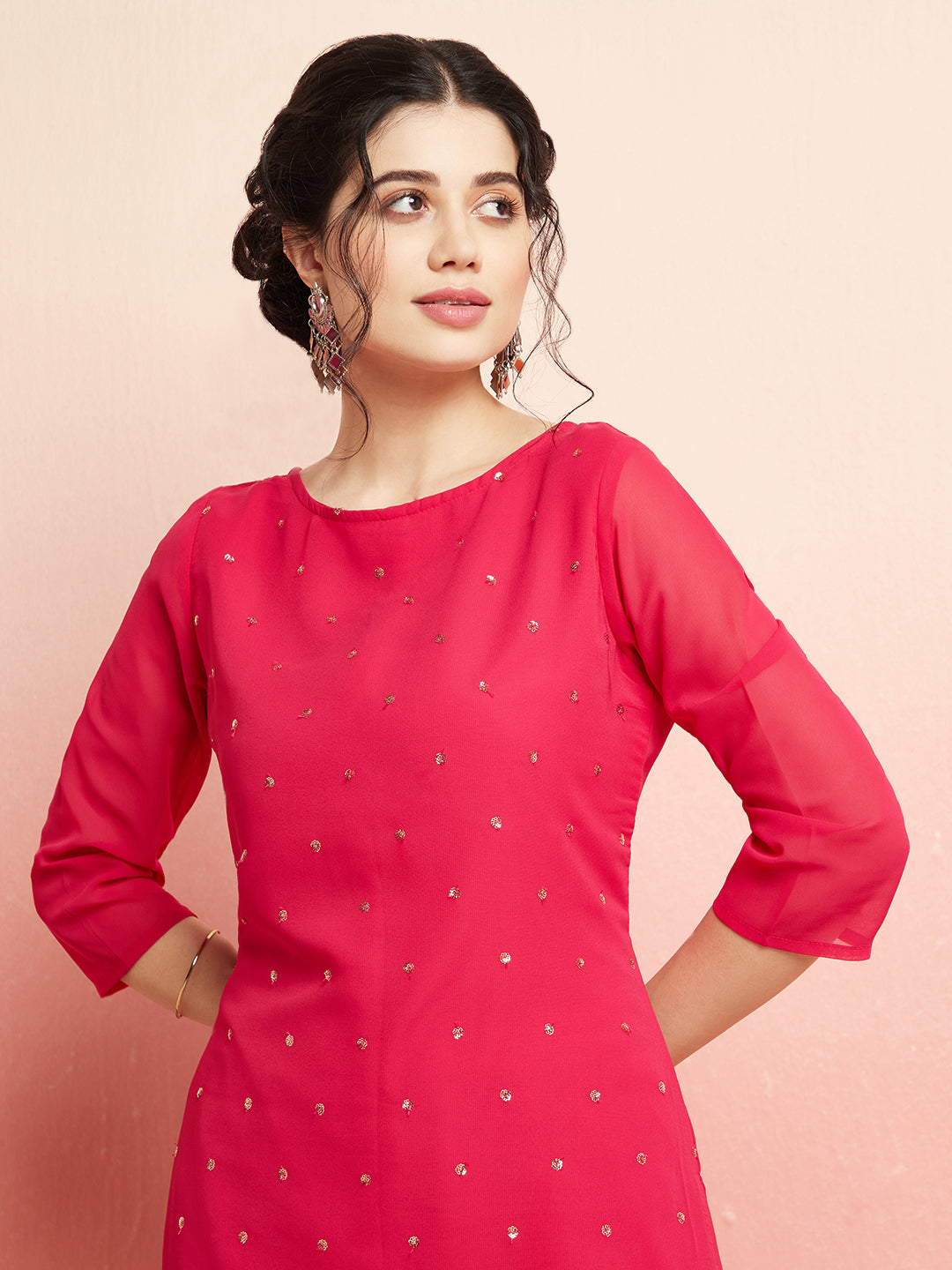 Pink Sequin Kurta With Sharara - Elganza