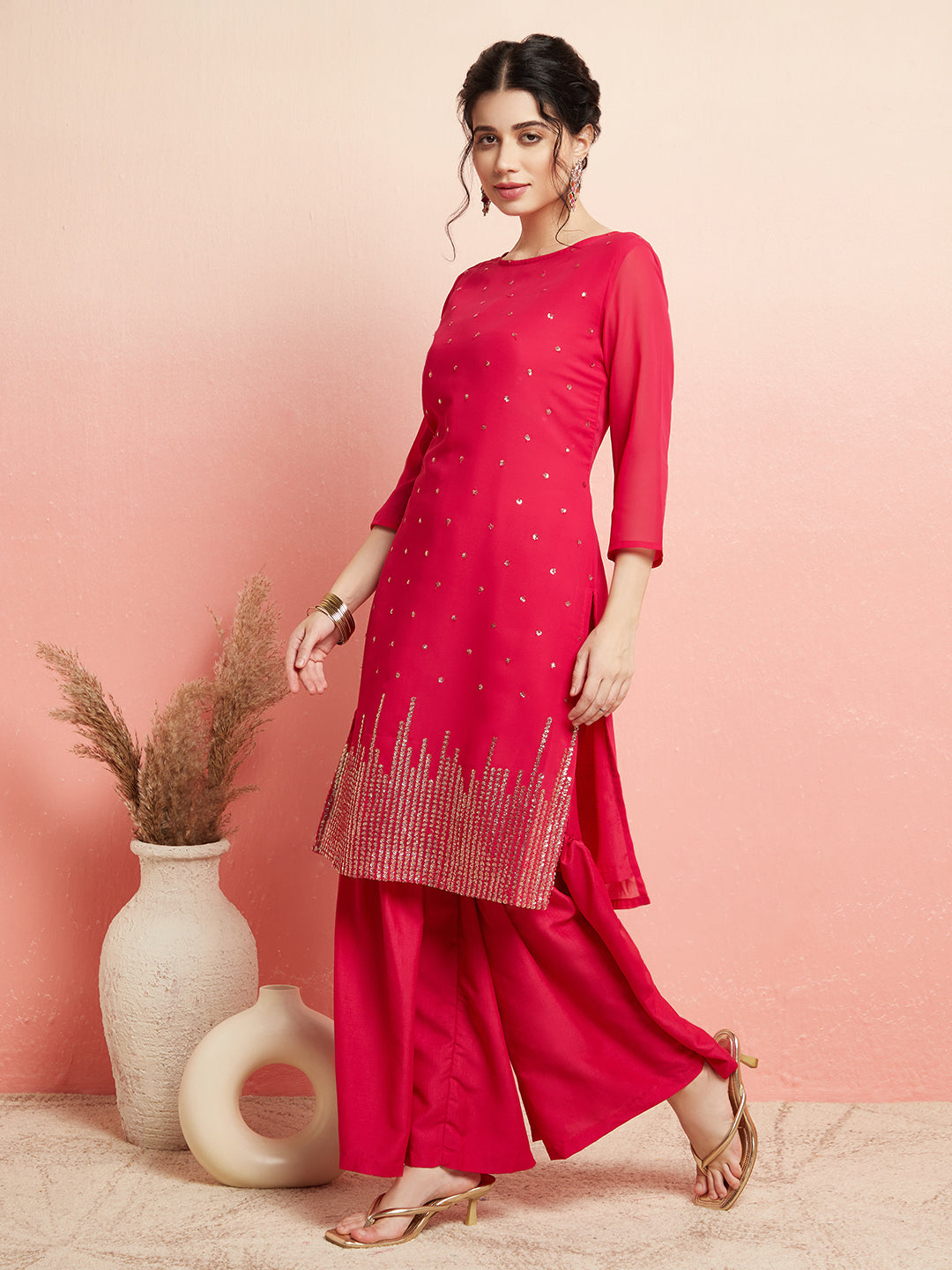 Pink Sequin Kurta With Sharara - Elganza