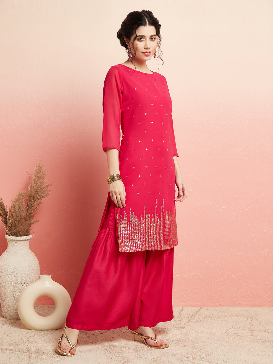 Pink Sequin Kurta With Sharara - Elganza