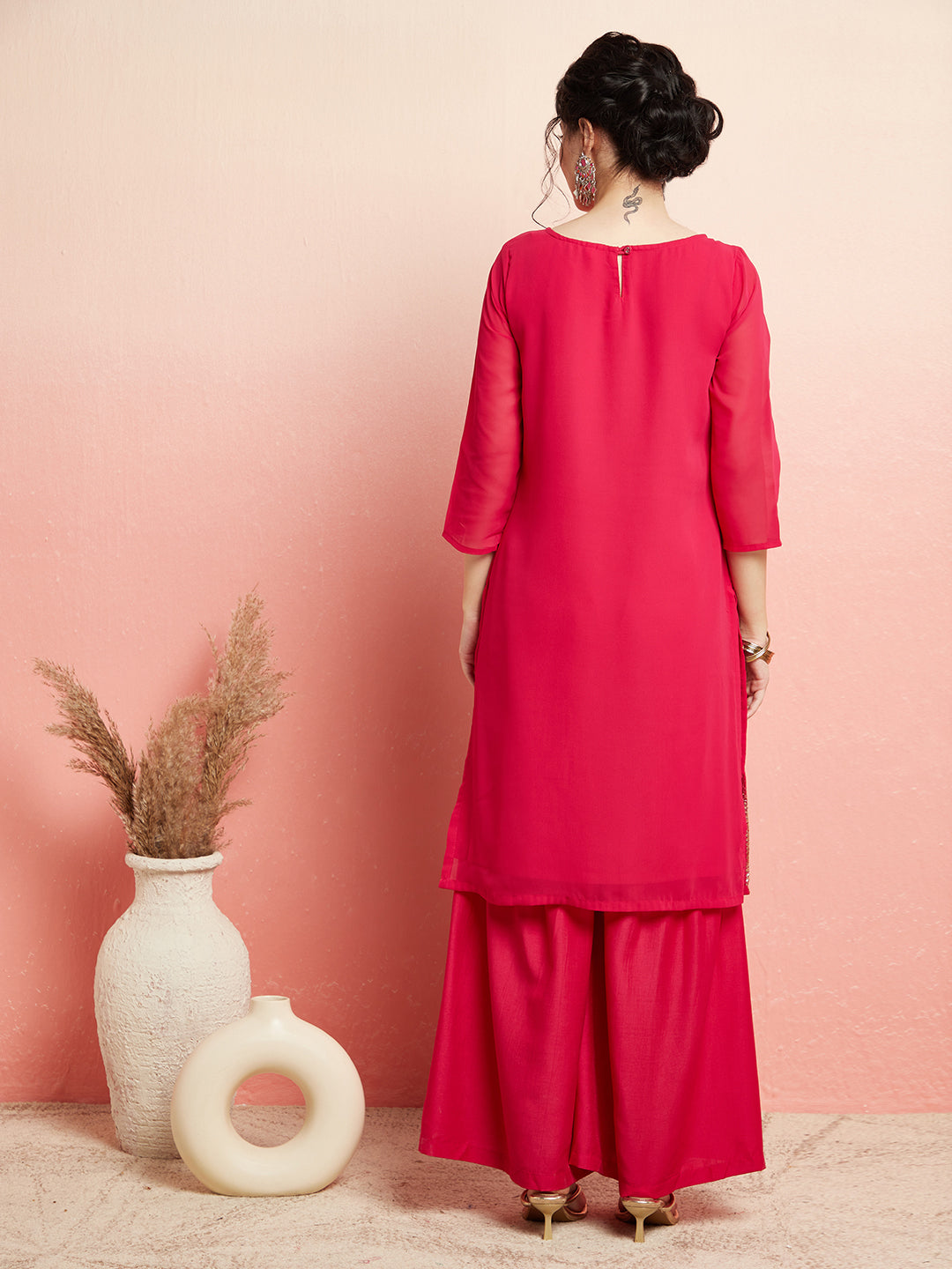 Pink Sequin Kurta With Sharara - Elganza