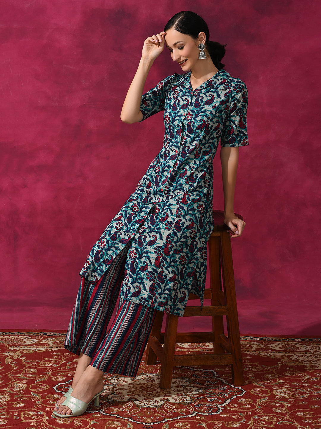 Cream Printed Cotton Kurta Set - Elganza