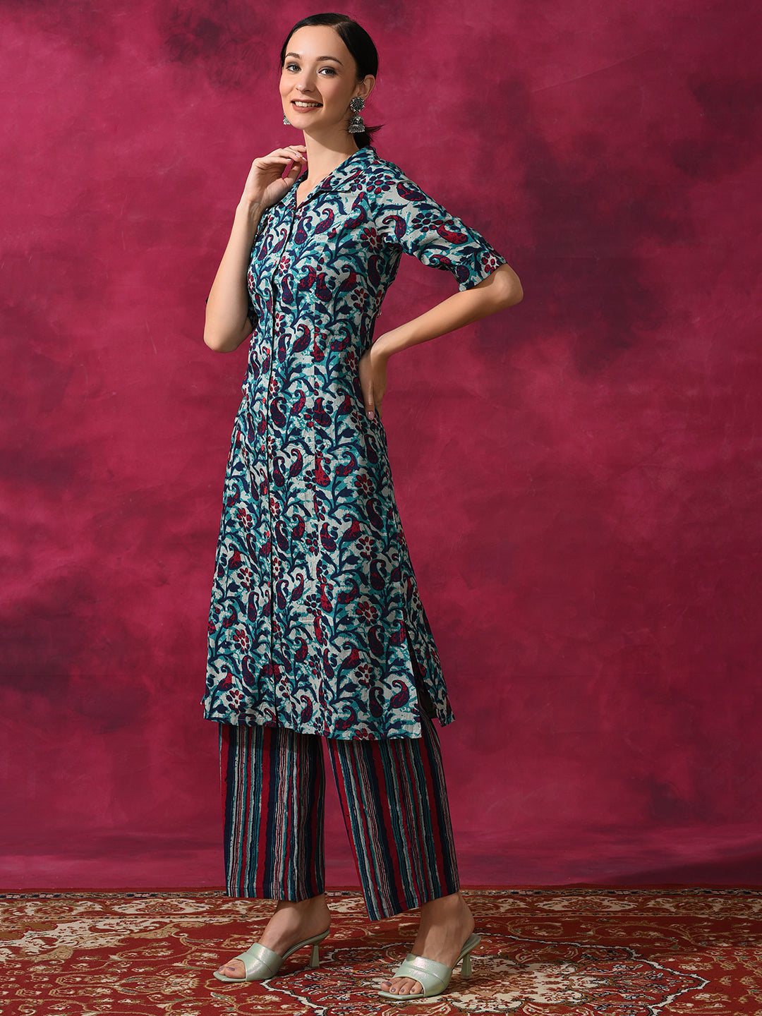 Cream Printed Cotton Kurta Set - Elganza