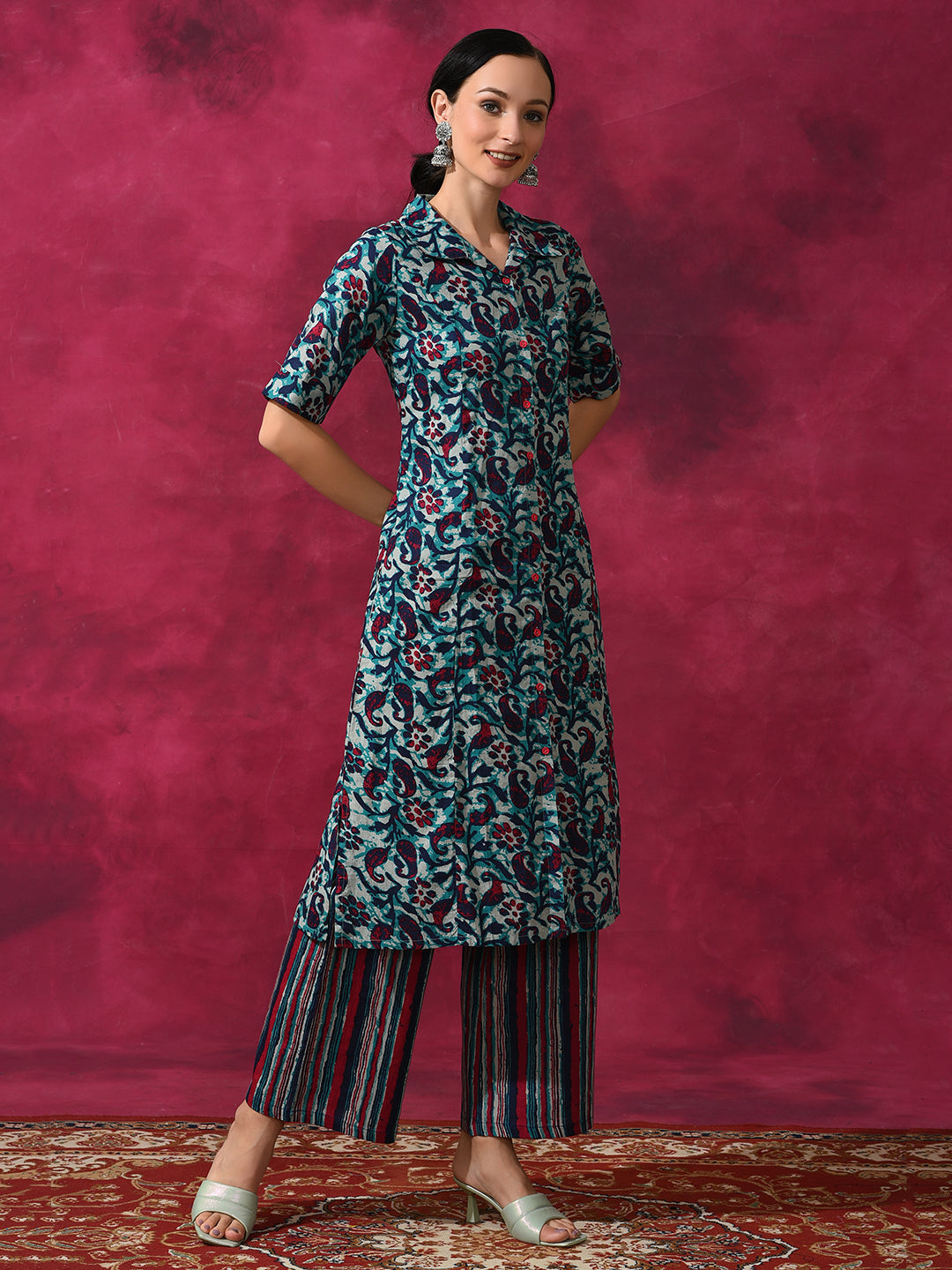 Cream Printed Cotton Kurta Set - Elganza