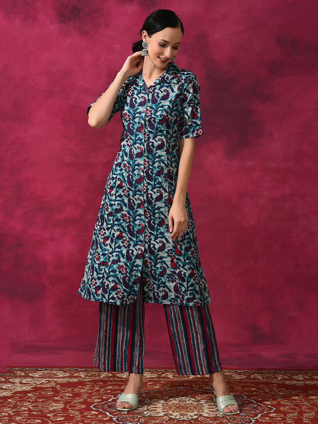 Cream Printed Cotton Kurta Set - Elganza