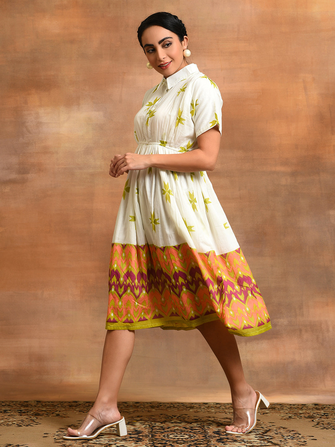 White Printed Gathered Midi Dress - Elganza