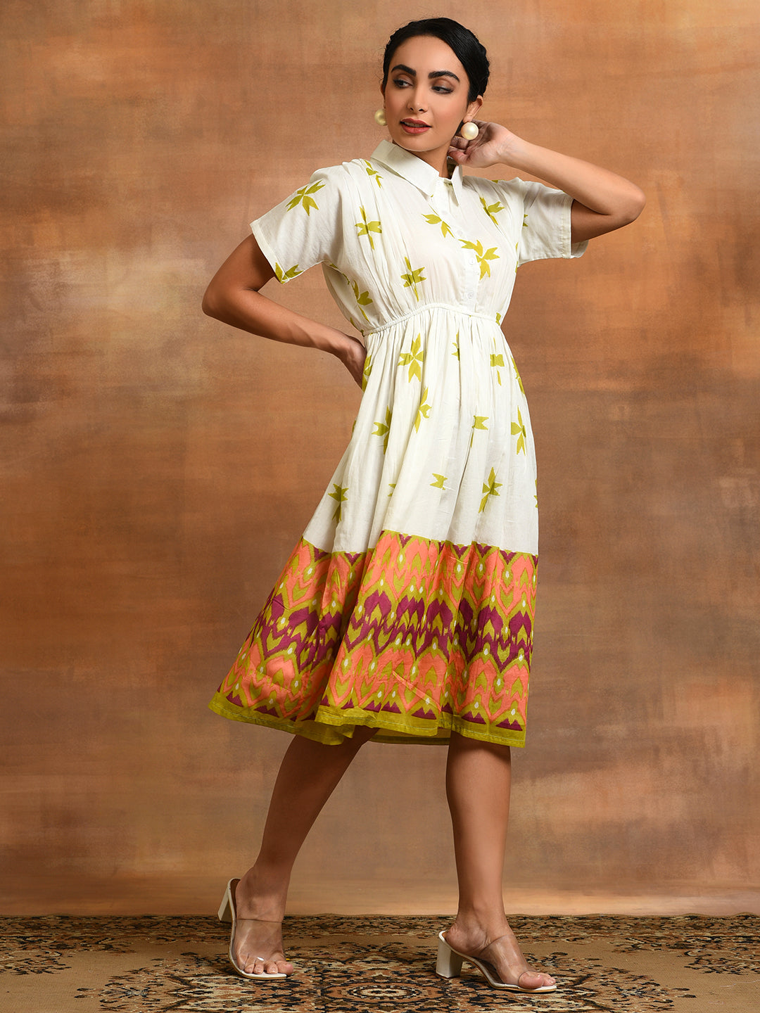 White Printed Gathered Midi Dress - Elganza