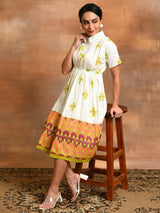 White Printed Gathered Midi Dress - Elganza