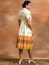 White Printed Gathered Midi Dress - Elganza