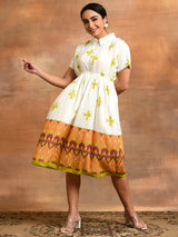 White Printed Gathered Midi Dress - Elganza