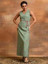 Sea Green Floral Print A-Line Maxi Dress - Elganza