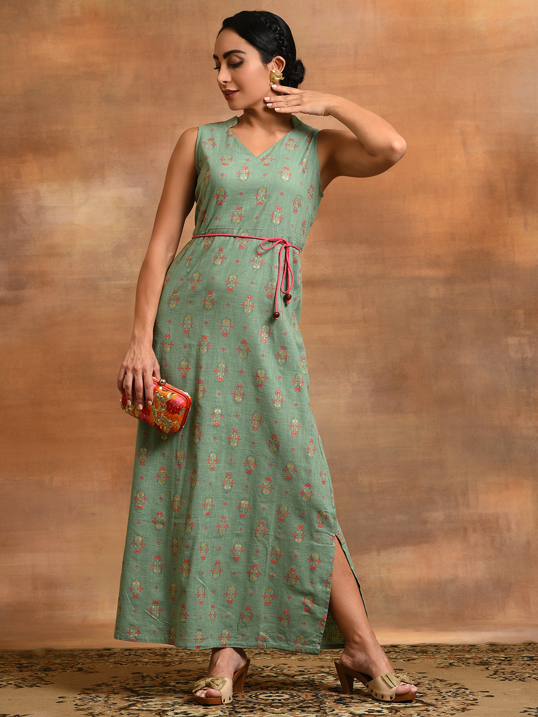 Sea Green Floral Print A-Line Maxi Dress - Elganza