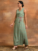 Sea Green Floral Print A-Line Maxi Dress - Elganza