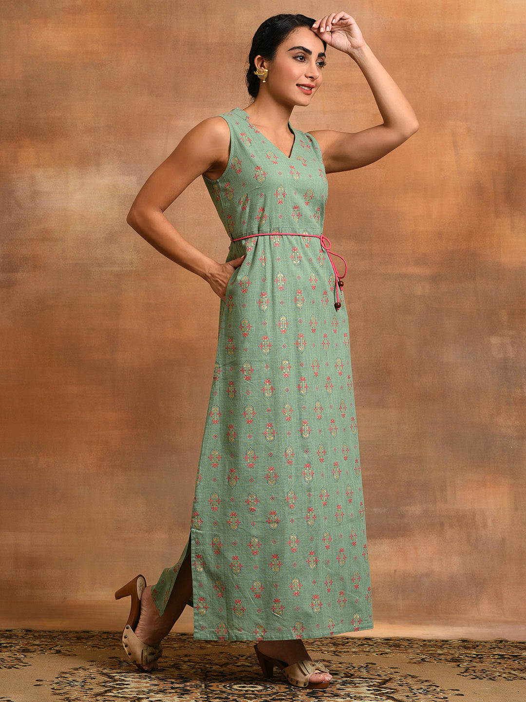 Sea Green Floral Print A-Line Maxi Dress - Elganza