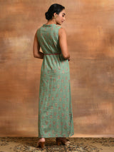 Sea Green Floral Print A-Line Maxi Dress - Elganza