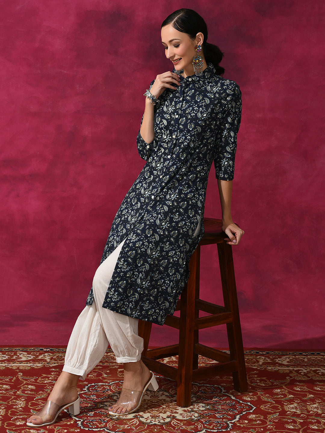 Navy Blue Floral Printed Button Down Kurta - Elganza