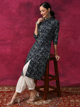 Navy Blue Floral Printed Button Down Kurta - Elganza