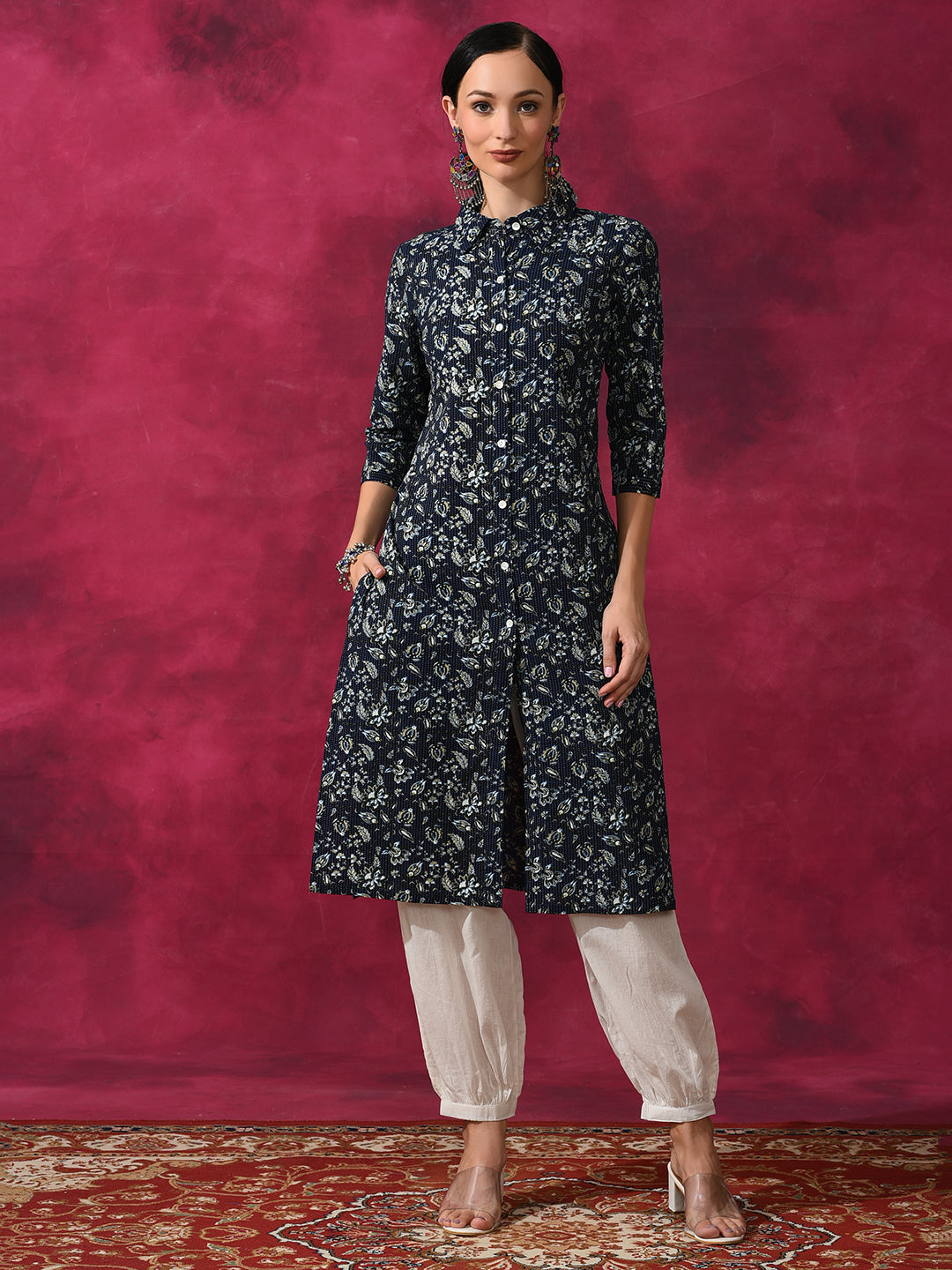 Navy Blue Floral Printed Button Down Kurta - Elganza